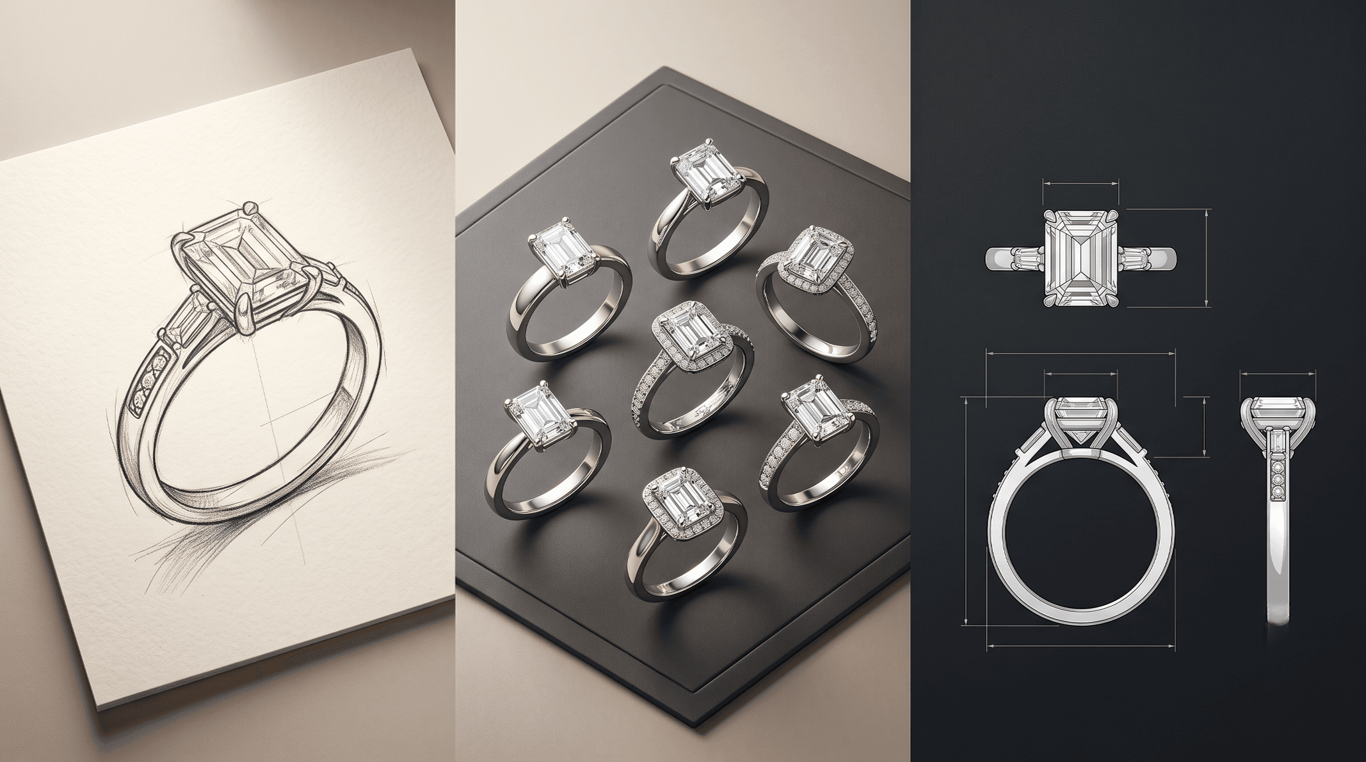 Jewellery design workflow progressing from a hand sketch to concept variations and a technical ring blueprint